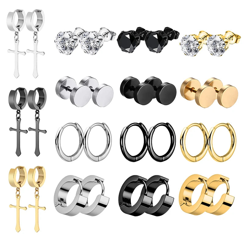 Punk Stainless Steel Stud Earrings Set | Unisex Gothic Hip Hop Ear Piercing Jewelry