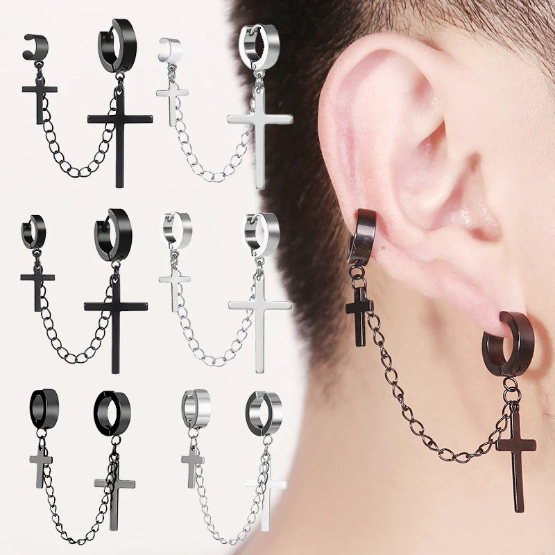 Punk Cross Tassel Earrings | Gothic Hip Hop Chain Stud Earrings detail view