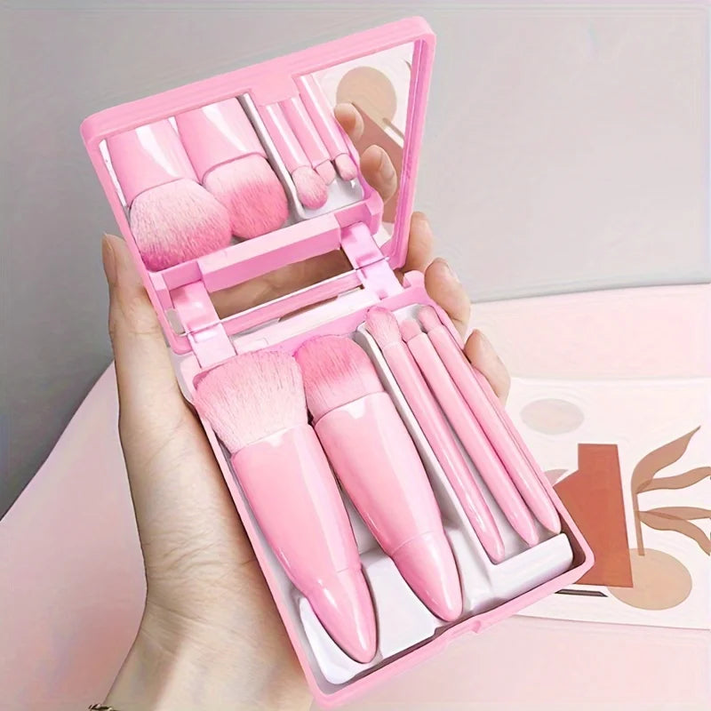 5Pcs Portable Makeup Brush Set With Mirror - Foldable Travel Kit ，Mini Makeup Brush Set detail view