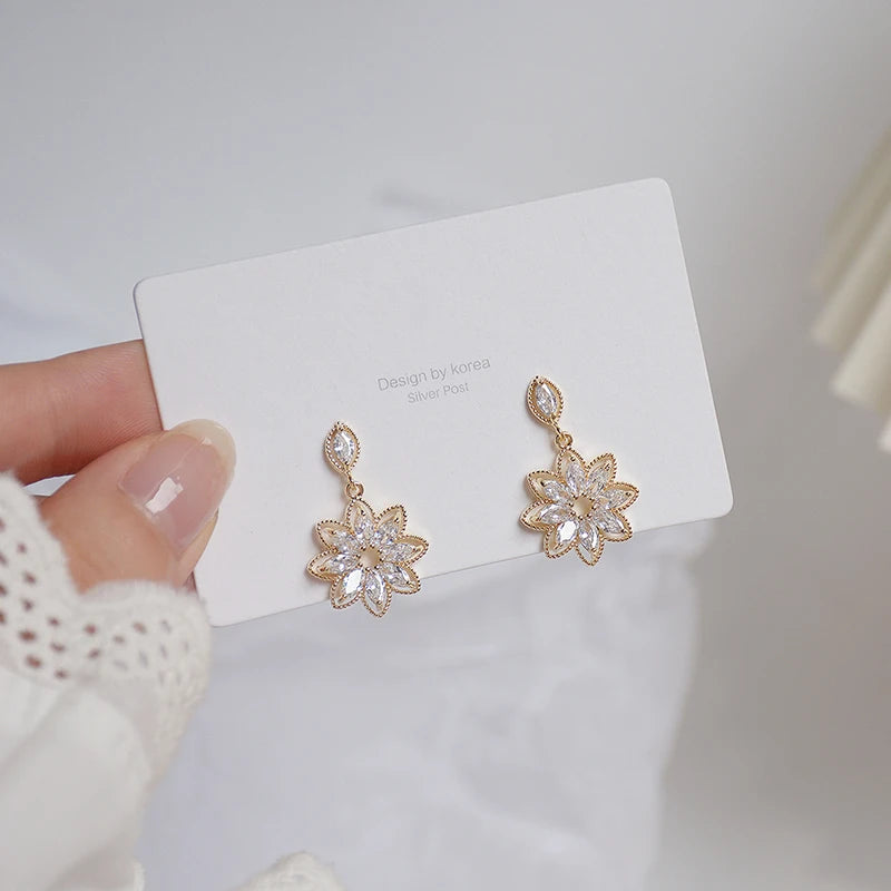 14K Real Gold Dainty Korean Flower Earrings for Women | Bling AAA Zirconia Stud Earrings detail view