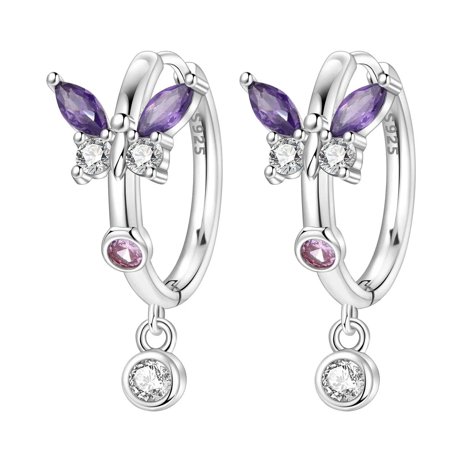 PANPOKI Original 925 Sterling Silver Double Butterfly Insect Earrings Women Hoop Earr lifestyle view