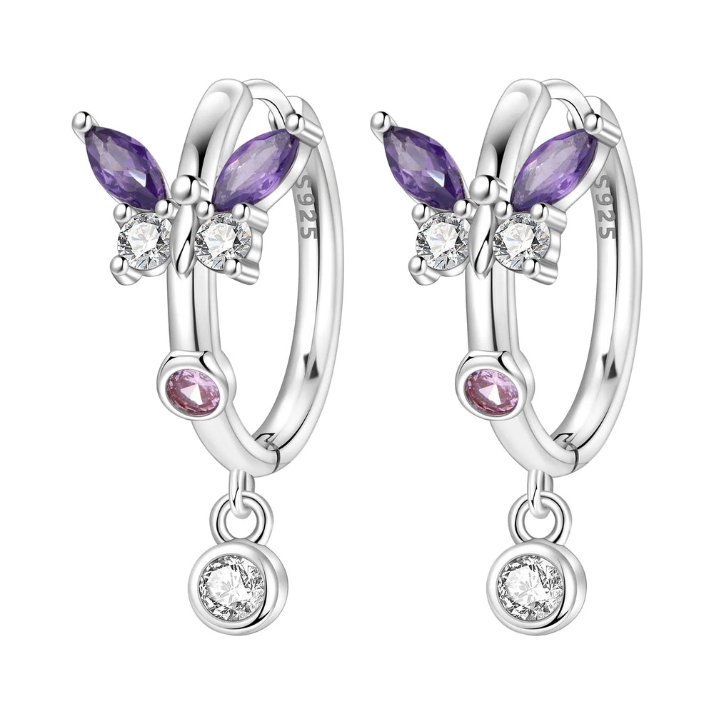 PANPOKI Original 925 Sterling Silver Purple Butterfly Insect Earrings Women Hoop Earr lifestyle view