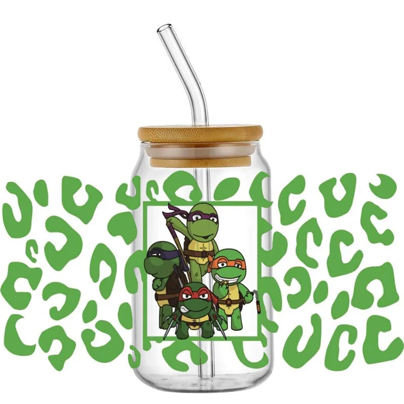 Cartoon Turtle Decal Stickers | Waterproof UV DTF Wrap for 16oz Libbey Glass detail view