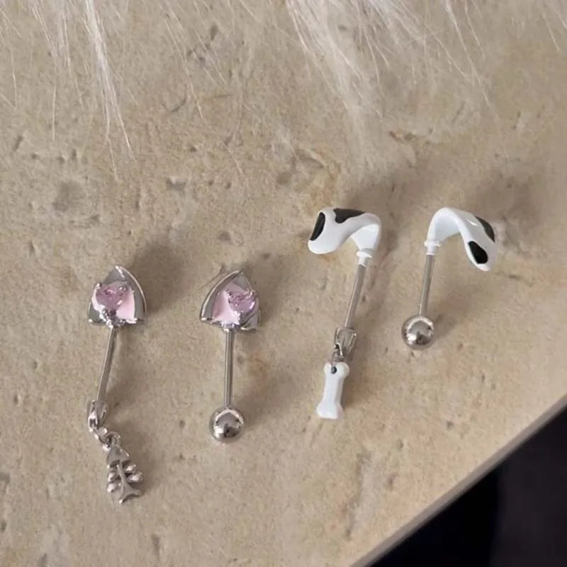 Stainless Steel Pink Zircon Ear Bone Nail for Women Sweet Cute Metal Geometric Persona close-up view
