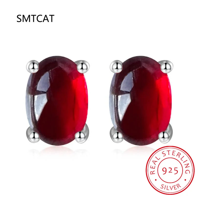 Oval Cut Red Genuine Natural Garnet Ruby 925 Sterling Silver Stud Earring for Women Fashion Statemen