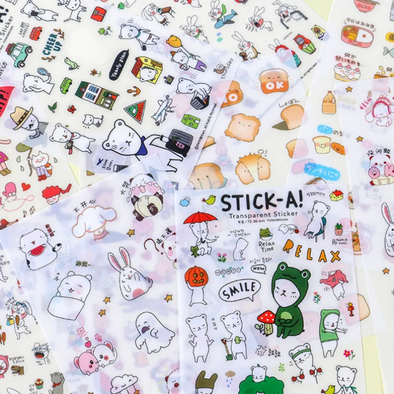 6Pcs Waterproof Cartoon Sticker Set | Cute DIY Decals for Laptops, Phones, and Planner close-up view