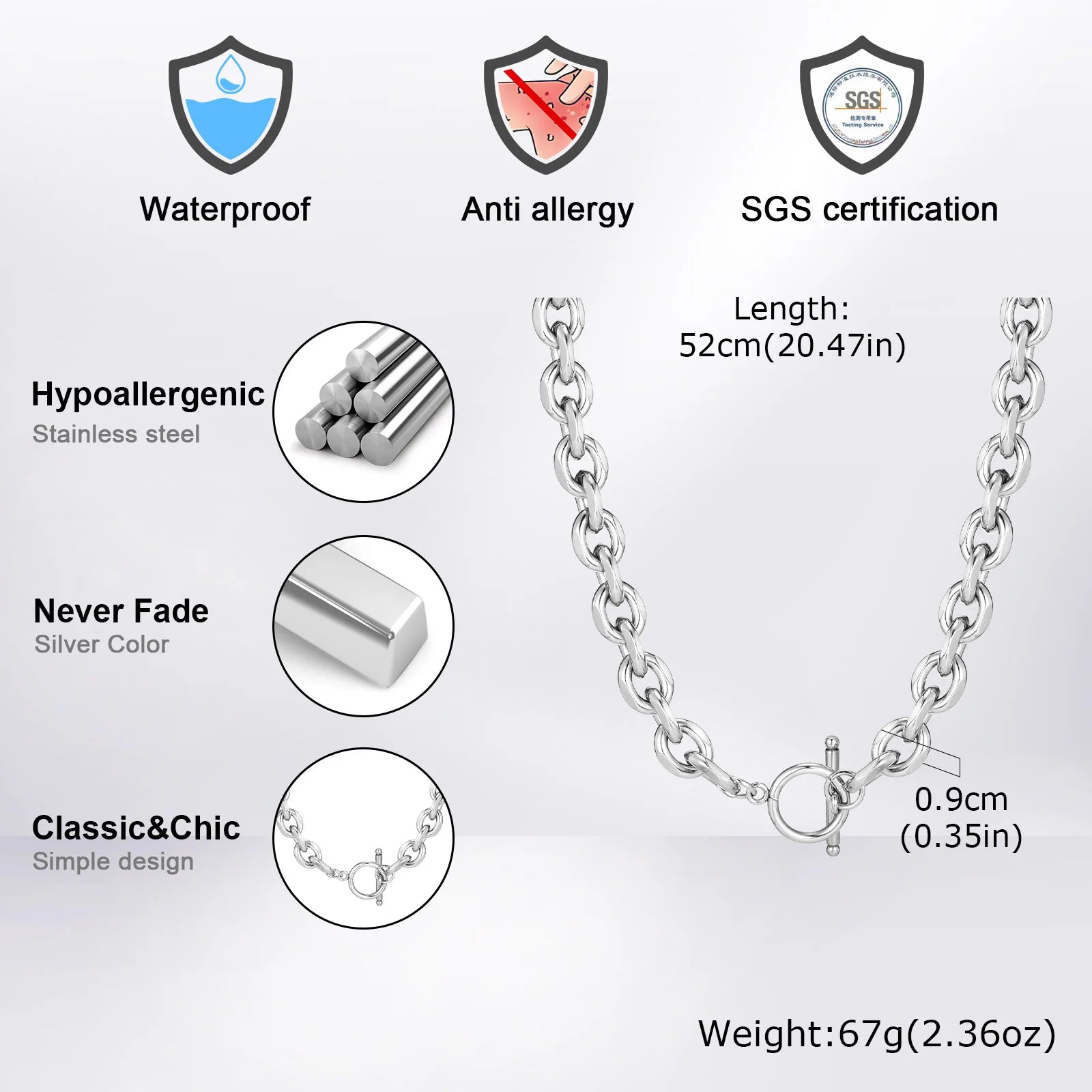 Vnox 9mm Chunky Chain Necklace for Men Women, Thick Rolo Link Chain Collar, Toggle Cla close-up view