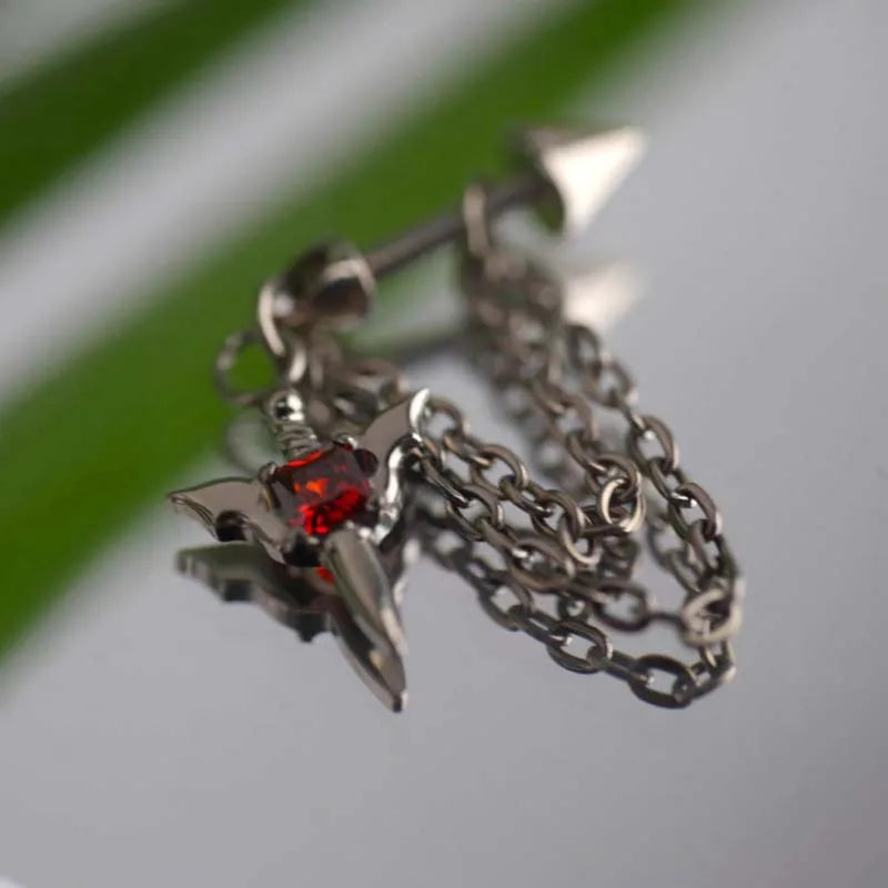 Stainless Steel Red Zircon Wing Chain Piercing Earring for Women Men Gothic Silver Co lifestyle view