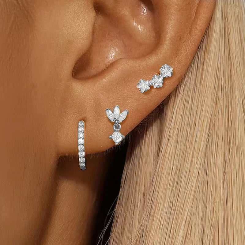 3PCS Luxury Star Pendant Piercing Earrings Set For Women Stainless Steel Zircon Punk E close-up view