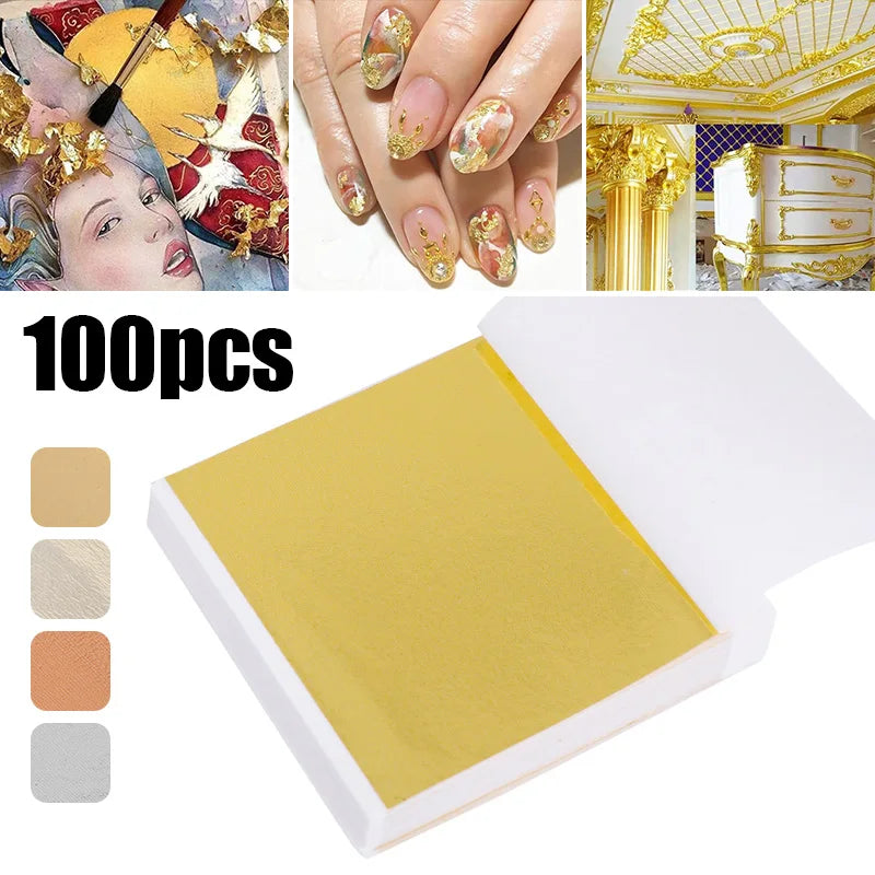 100Pcs Imitation Gold Foil Paper Leaf Sheets for Gilding Funiture Lines Wall Craft Home Decoration W