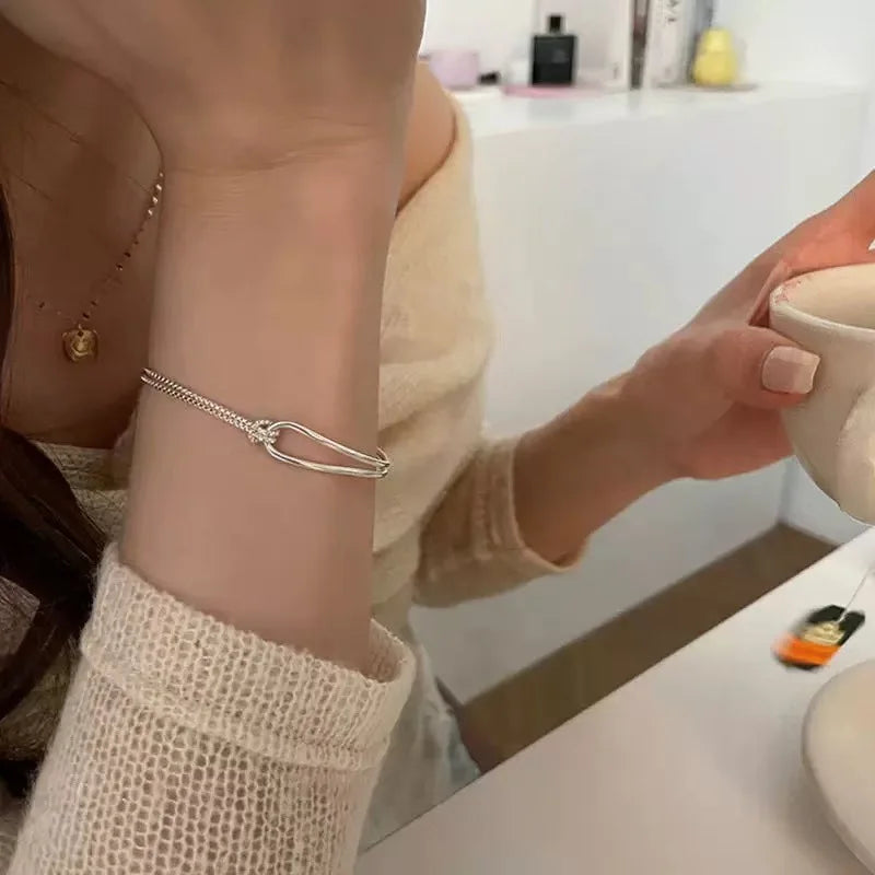 925 Sterling Silver Bracelet | Light Luxury Minimalist Half-Bangle Half-Chain Jewelry alternate view