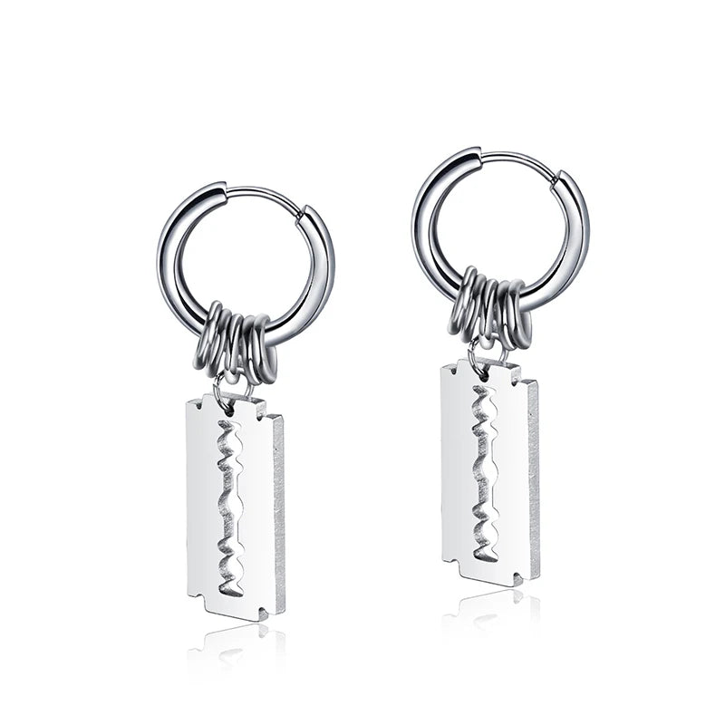 Vintage Razor Hollow Drop Earrings | Stainless Steel Punk Dangle Earrings for Men and Wo detail view