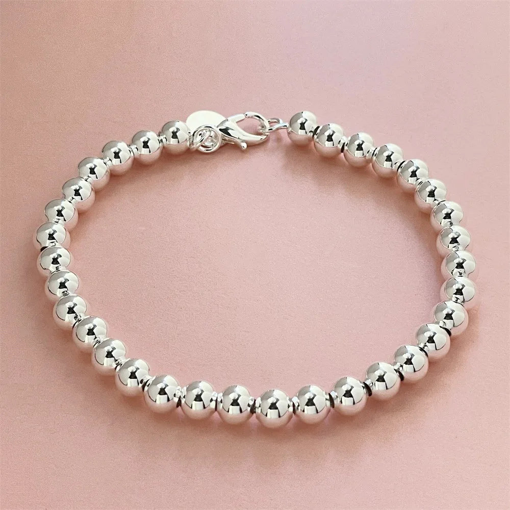 925 Sterling Silver Round Bead Chain Necklace 4/6/8mm Smooth Ball Beads 40-60CM Choker N detail view