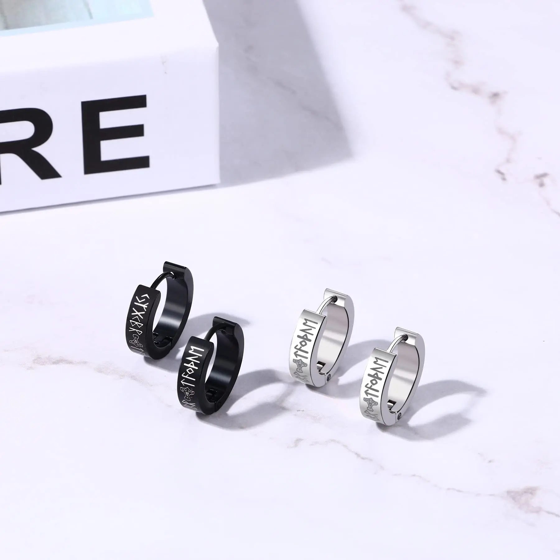 1Pc Norse Viking Runes Hoop Earrings for Men Women Stainless Steel Huggie Hoop Earrings detail view