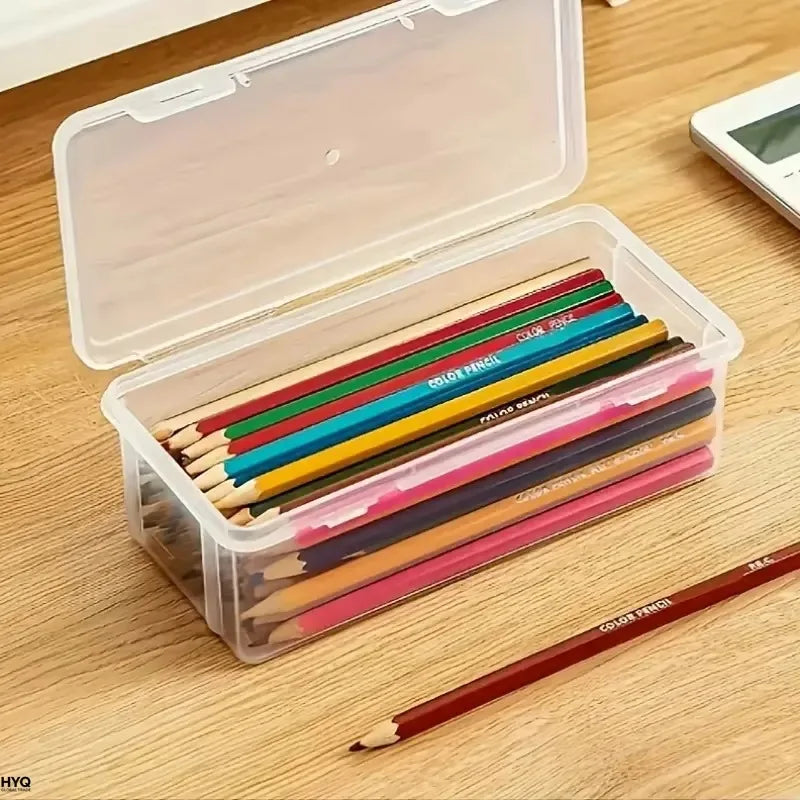 transparent PP storage boxes with lids, used for storing office supplies, pencils, and crafts