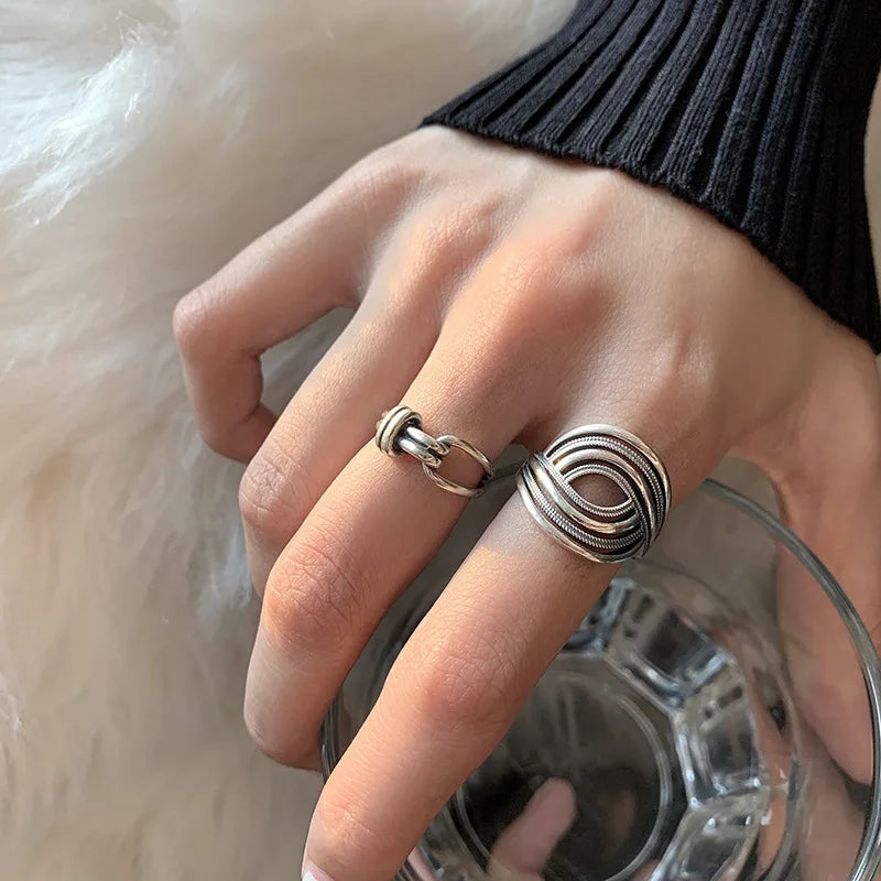 VENTFILLE 925 Sterling Silver Rings INS Fashion Hip Hop Vintage Couples Hollow Line additional angle