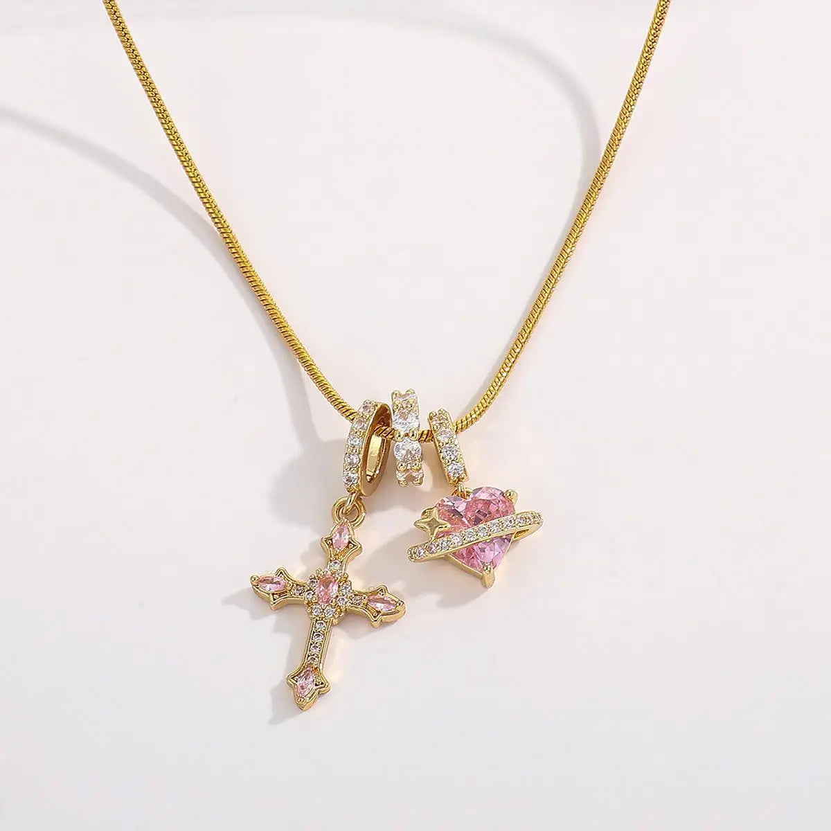 Heart Cross Pendant Necklace for Women Stainless Steel Necklace 14K Gold Plated Snake Ch detail view