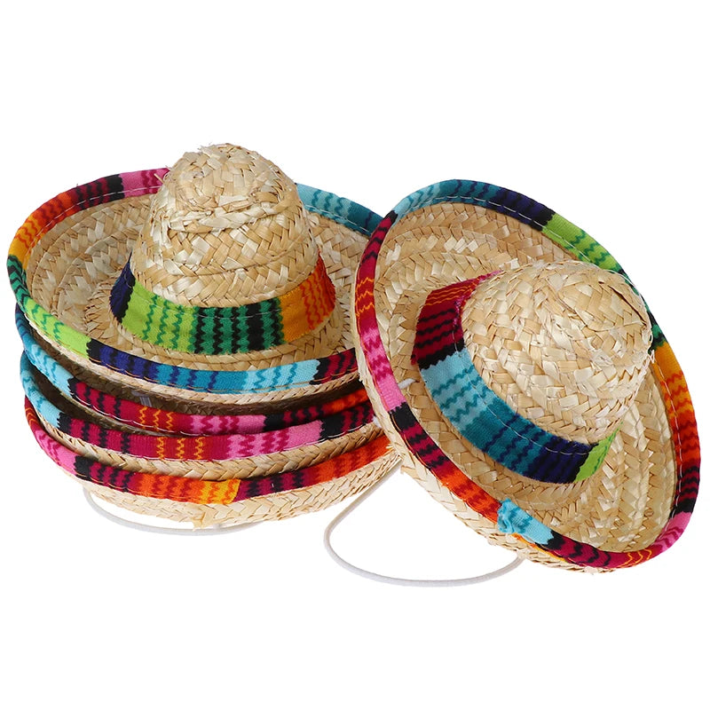 Colorful Mini Pet Straw Sombrero Hat | Dog Cat Sun Hat for Beach Parties detail view