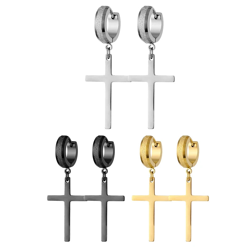 Stainless Steel Frosting Hoop Earrings | Punk Cross Dangle Earrings for Unisex additional angle