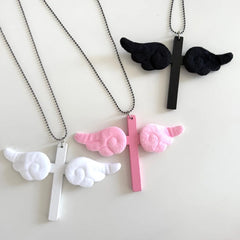 Pink Wing Cross Pendant Necklace | Y2K Gothic Jewelry for Women alternate view