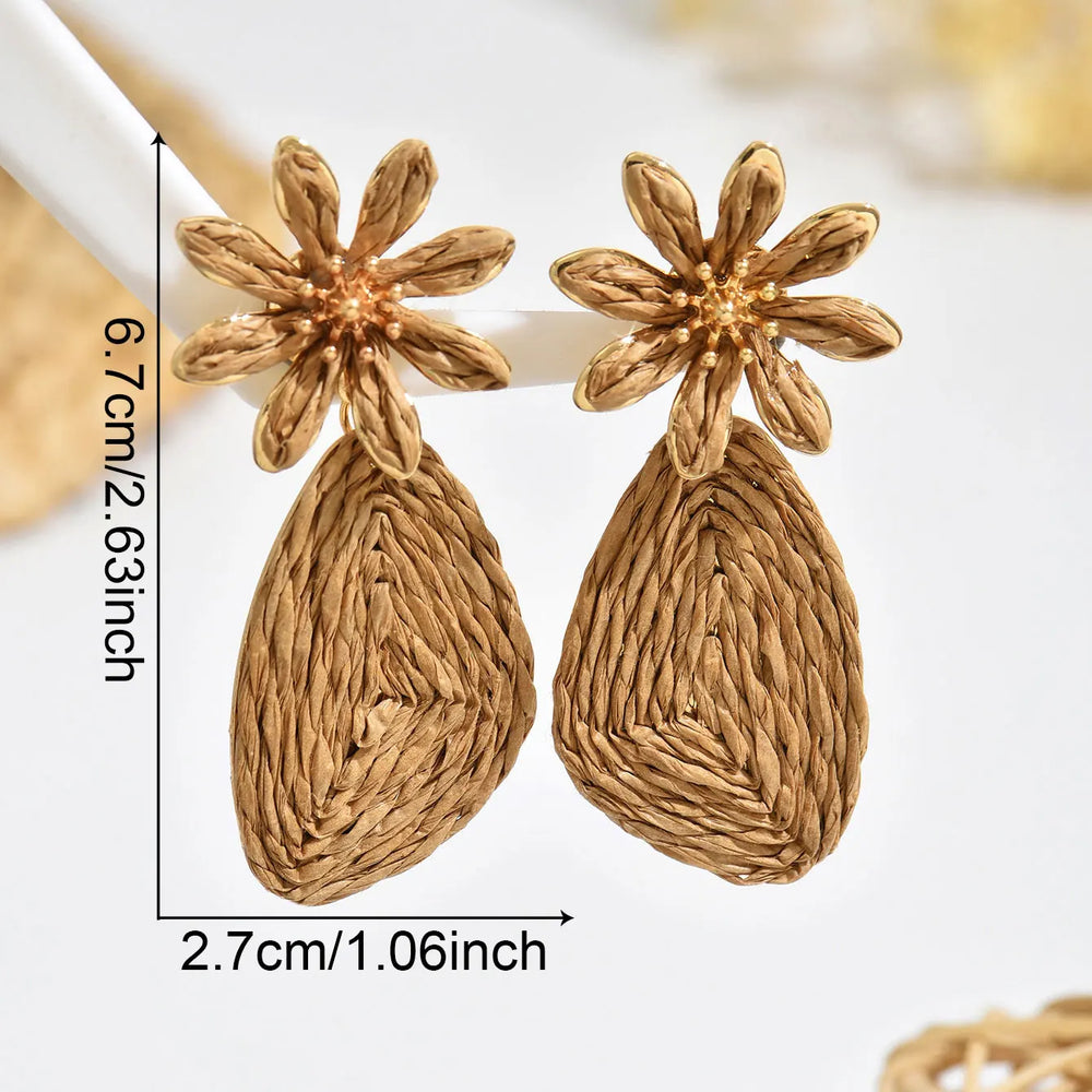 Bohemian Raffia Flower Drop Earrings | Handmade Summer Jewelry detail view