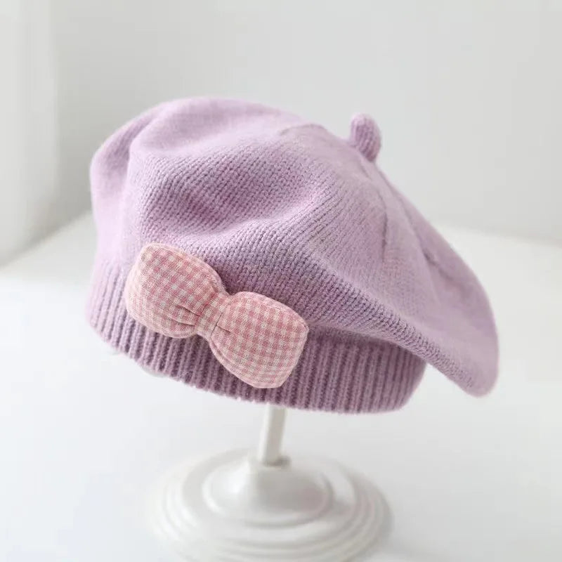 Winter Baby Girl Knitted Beret Hat | Cute Princess Bow Beanie for Toddlers 1-4Y lifestyle view