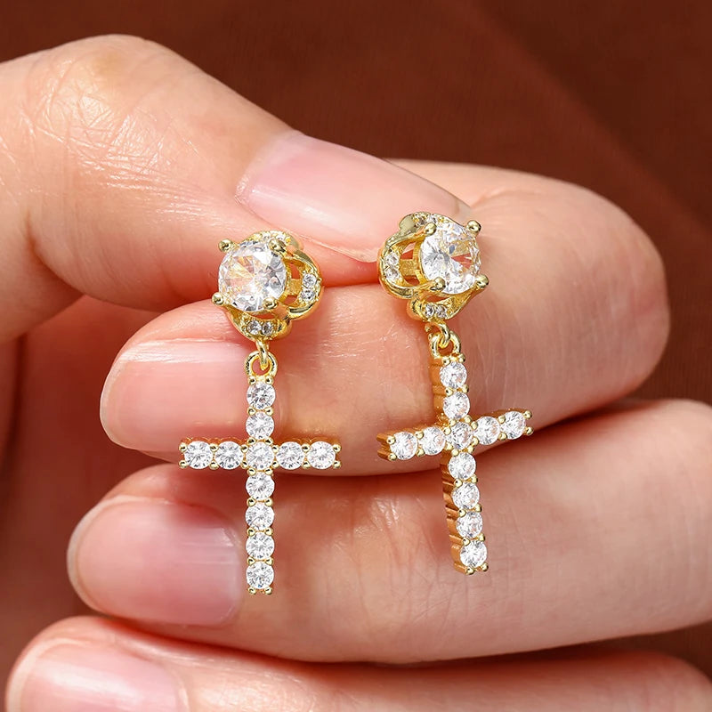 Punk Gold/Silver Cross Stud Earrings | Hip Hop Rhinestone Piercing Ear Accessories additional angle
