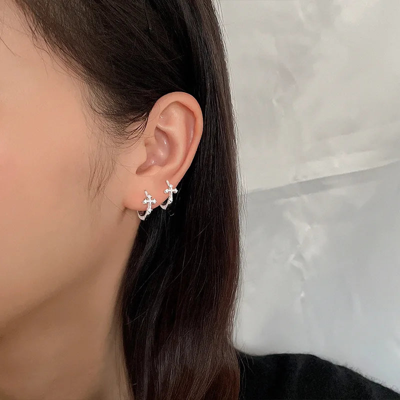 CIAXY Silver Color Cross Ear Hoop Earrings for Men and Women Couples Personality Zircon Ear Buckle Punk Jewelry