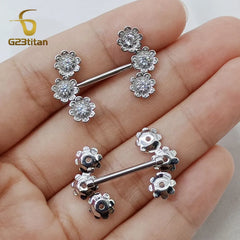 G23Titan 2pcs Zircon Flower Shape Nipple Rings 12-22mm Length 14G G23 Titanium Staight close-up view