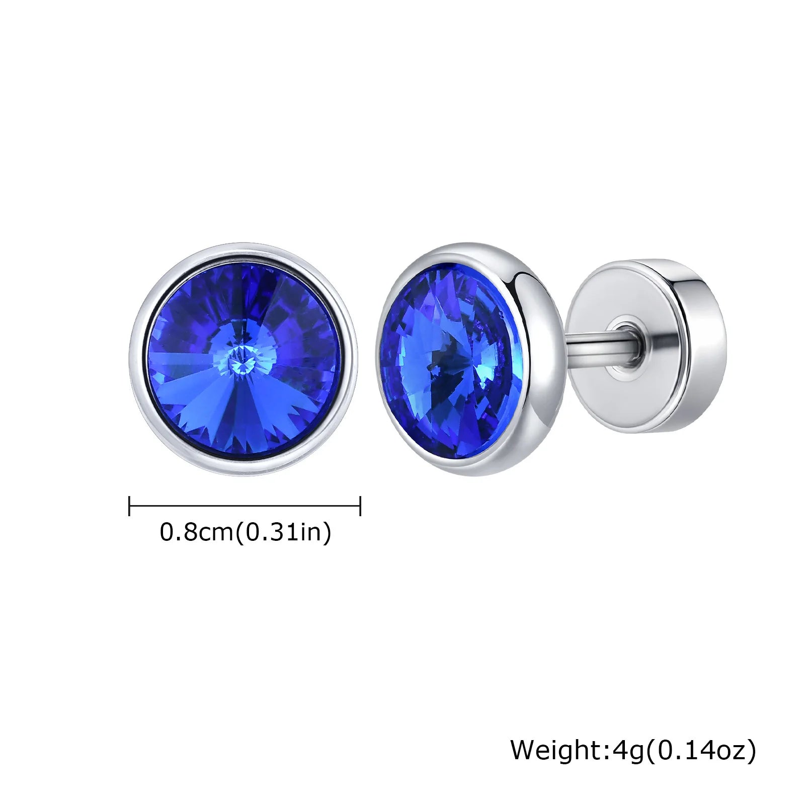 8mm Stainless Steel Screw Back Earrings for Men | Faceted Zircon Studs detail view