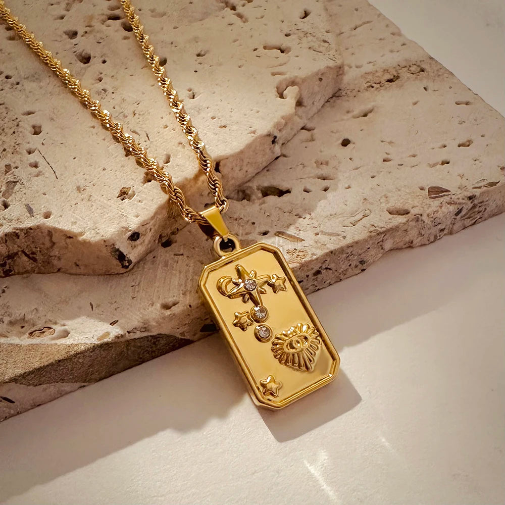 Vintage Gold Pendant Necklace | Hammered Moon Star Stainless Steel Jewelry close-up view