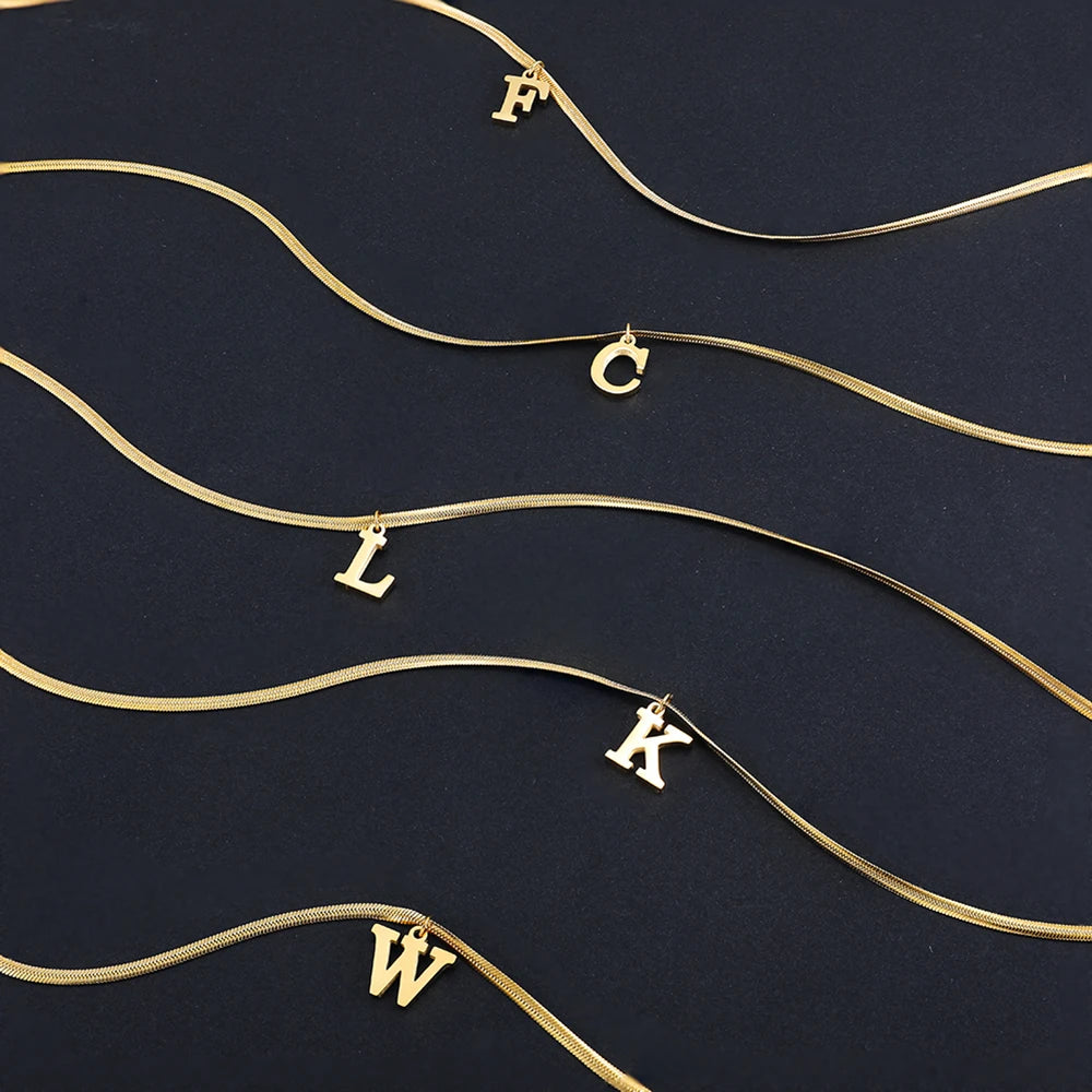 Gold Letter Initial Pendant Necklace | Stainless Steel Snake Chain Jewelry for Women close-up view
