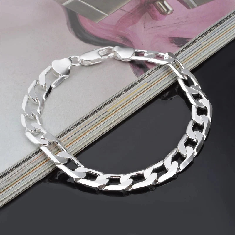925 Sterling silver Bracelet Sideways Silver Bracelet 6MM8MM10MM Bracelet Men & Women close-up view