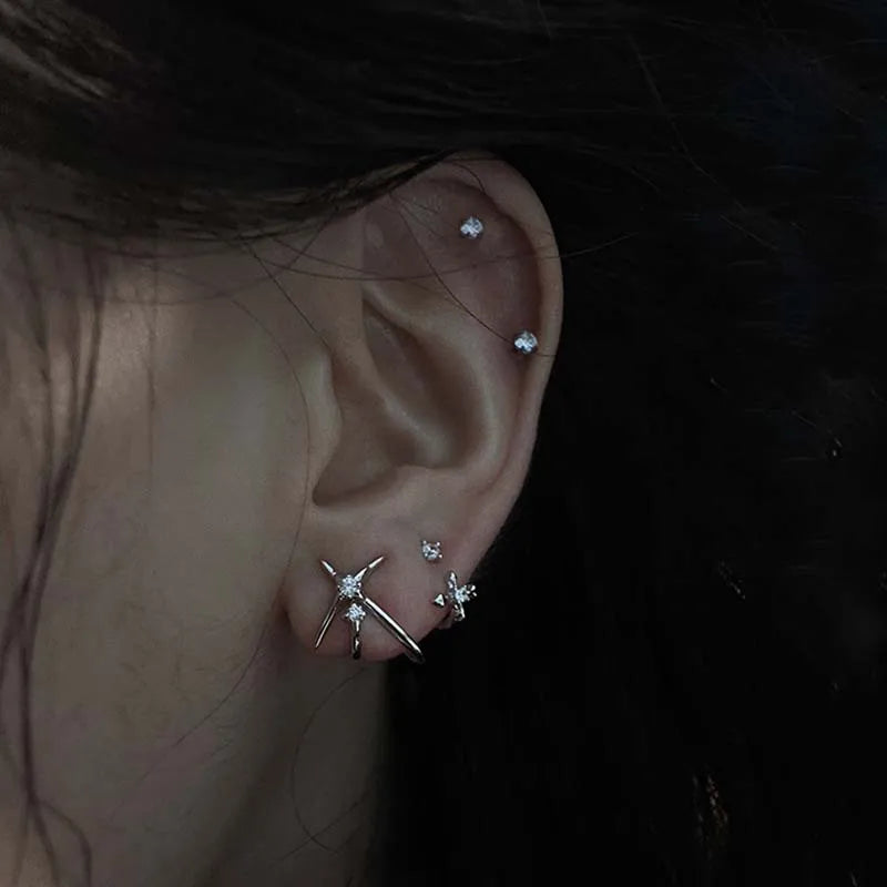 Luxury Silver Color Zircon Cross Stud Earrings for Women Men New Fashion Metal Shiny Crystal Star Pi