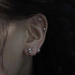 Luxury Silver Color Zircon Cross Stud Earrings for Women Men New Fashion Metal Shiny Crystal Star Pi