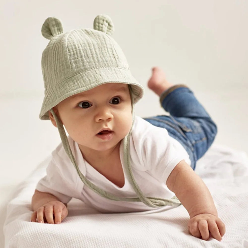 Muslin Baby Sun Hat for Newborn | Cotton Bucket Hat for Infant Summer lifestyle view