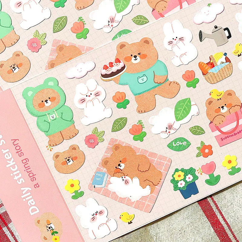Korean Import Original BONITO Kawaii Rabbit Bear Spring Date Paper Stickers Scrapbooki close-up view
