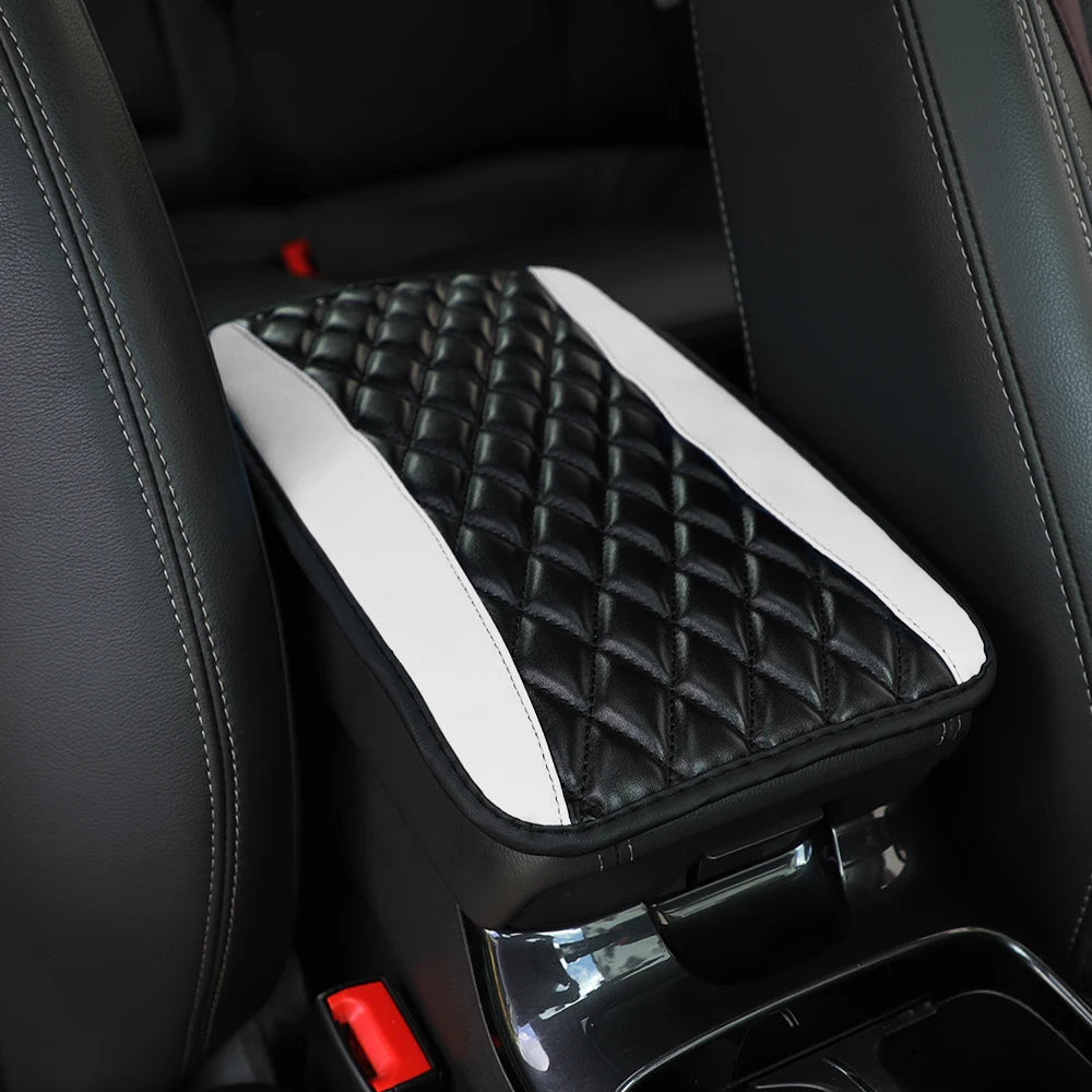 PU leather multi-color three-dimensional embroidered car armrest cushion, center console detail view