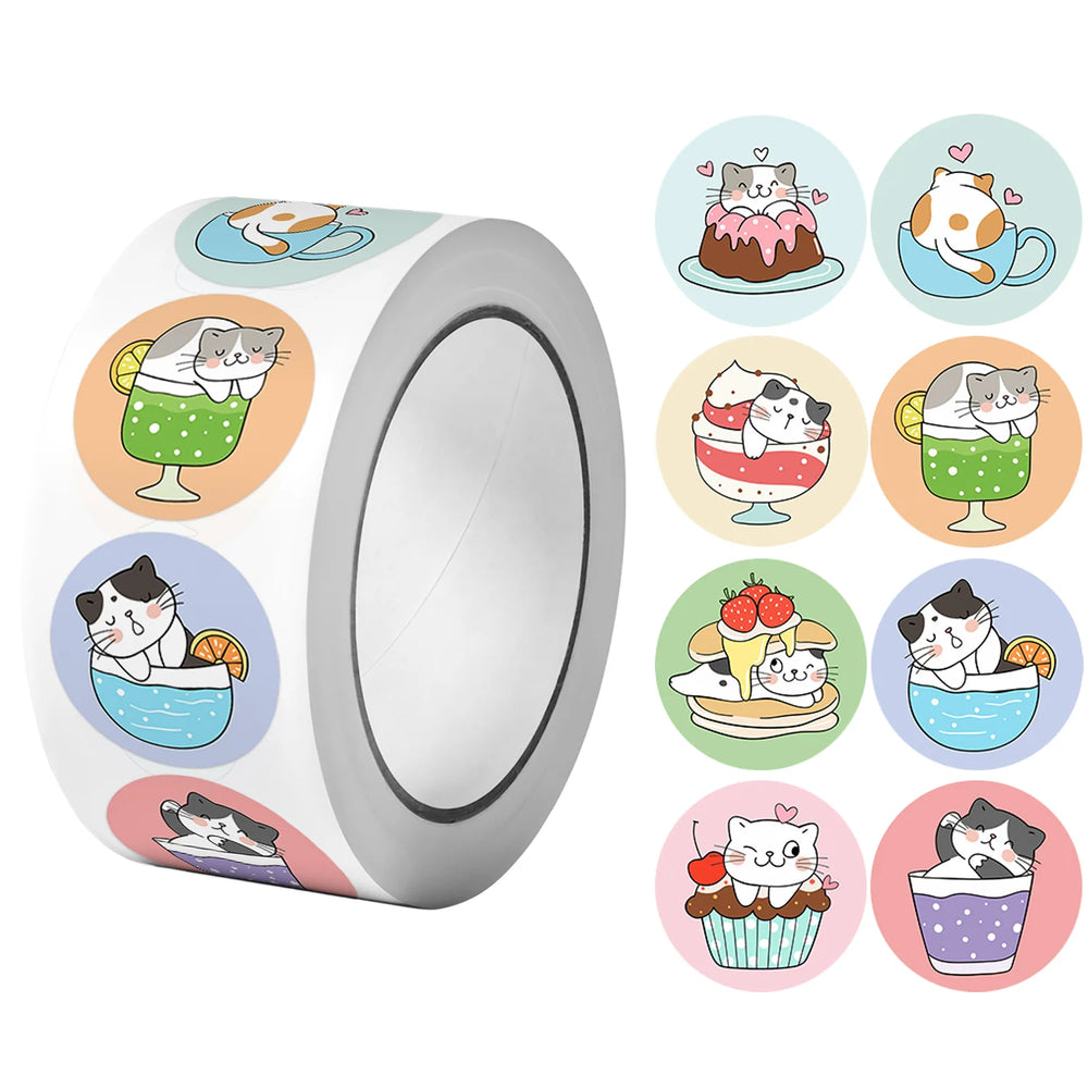 1Roll(500Pcs) Cute Cats in Cup Lovely Animal Stickers | 8 Designs DIY Decal Gift alternate view