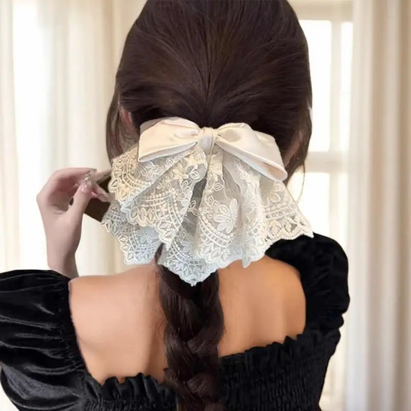 [E] French Elegant Ballet Style Lace Satin Bow Ponytail Hair Clip, Gentle And Sweet Shark Clip Hair Ornament On The Back Of Head