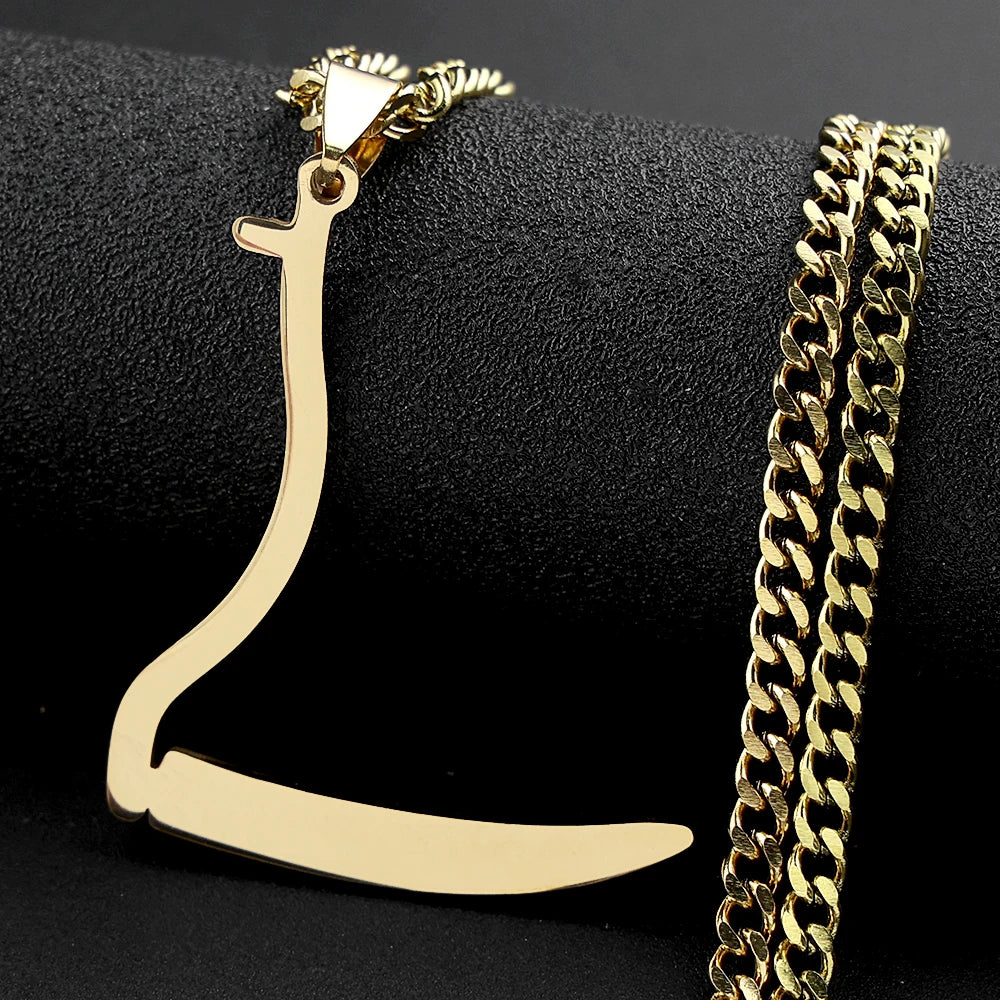 Silver Grim Reaper Sickle Pendant Necklace | Punk Stainless Steel Jewelry for Women close-up view