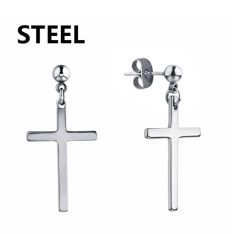 2pc Stainless Steel Men Cross Stars Punk Dangle Earrings Gothic Woman Cross Ear Hoop E close-up view