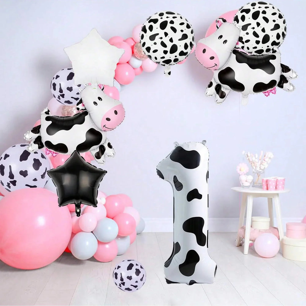 7pcs Big Cow Balloon Set 40 inch Black White Number 0-9 Foil Balloons | Farm Animal Birt detail view
