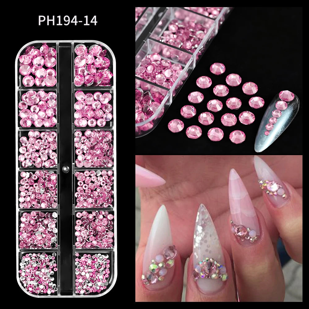12Grids Pink Mixed Nail Rhinestones Luxury Nail Charms Glitter Crystal Jewelry Gems Nail detail view