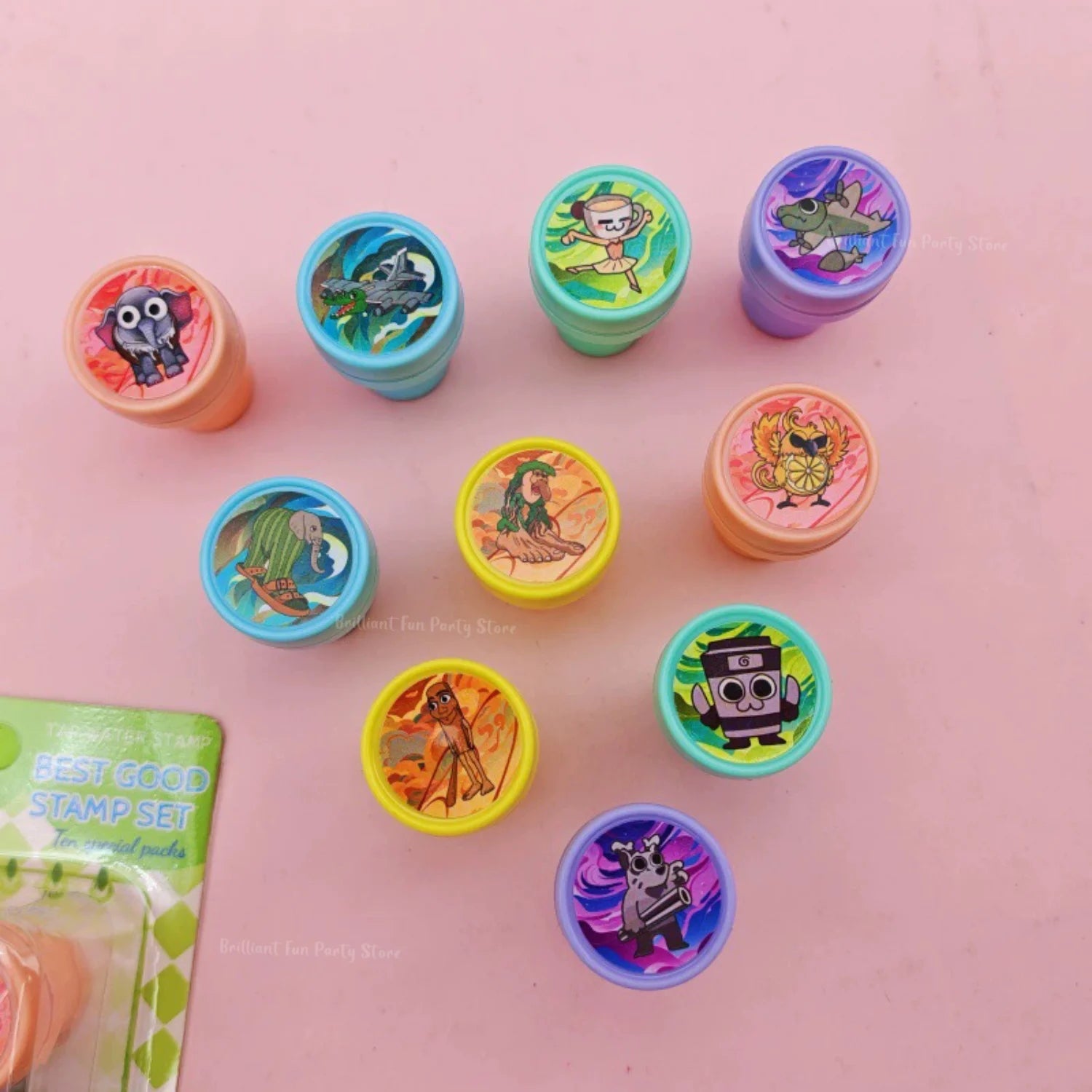 10Pcs Italian Brainrot Seal Gift Cartoon Animal Stamps Birthday Party Favors Classroom close-up view