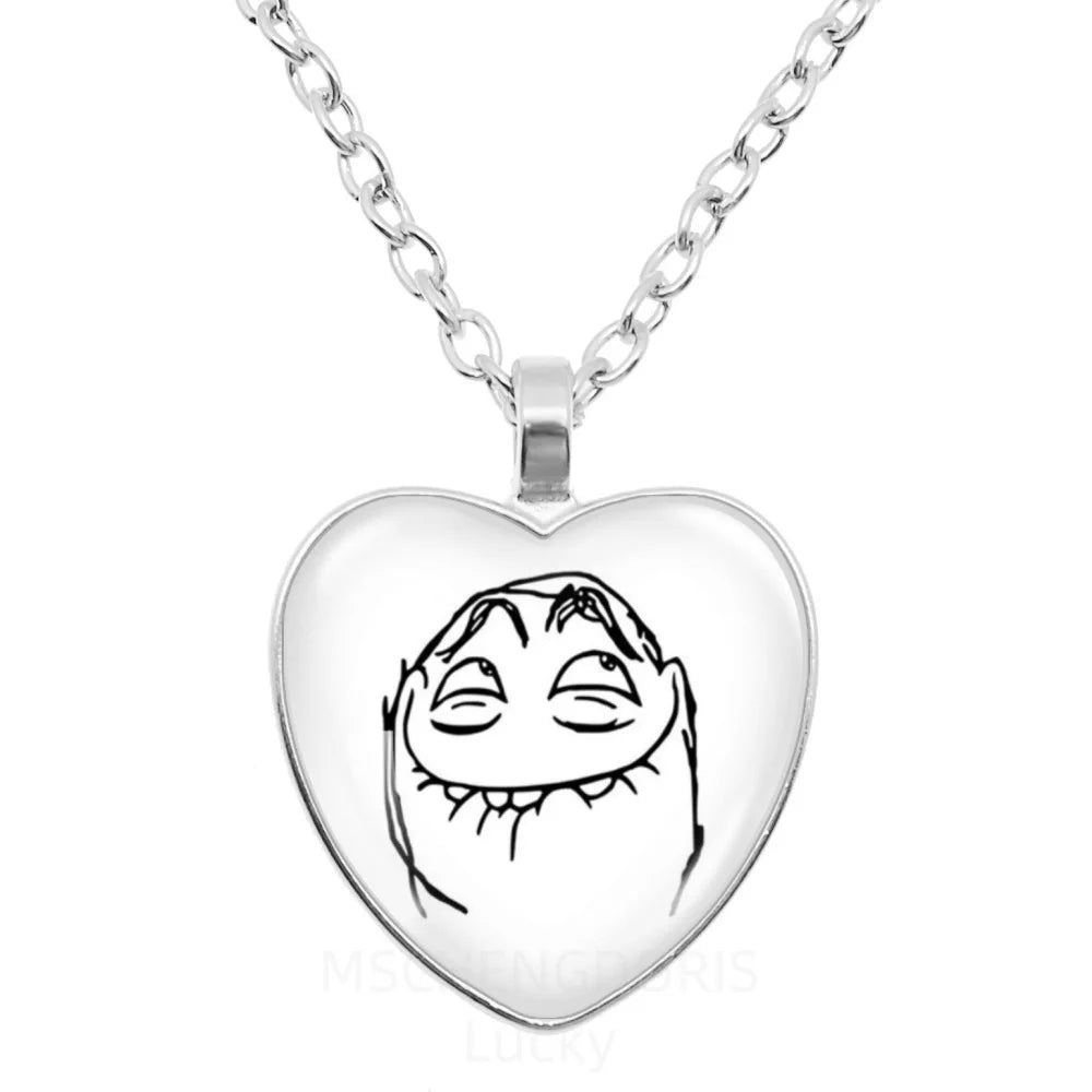 Rage Comic Necklace Derp Face Trollface Funny Meme Cartoon Glass Heart Shape Pendant lifestyle view
