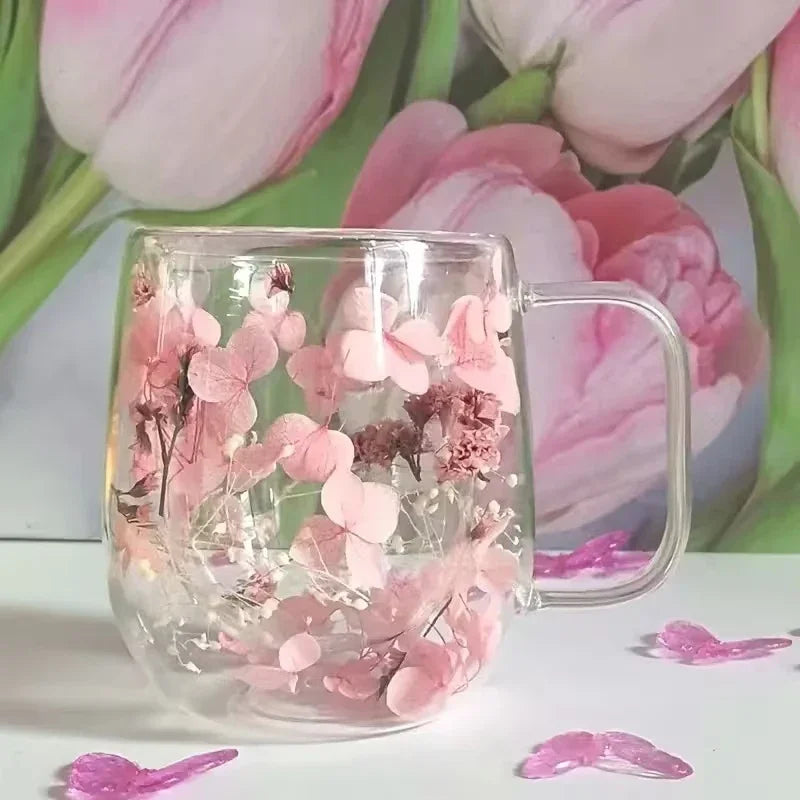 1pc Double-walled Glass Coffee Mug With A Real Flower Design Inside, Suitable For Coffee detail view