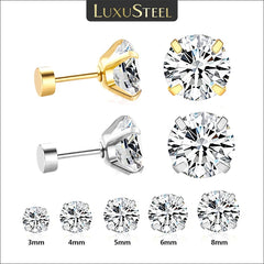 LUXUSTEEL 1 Pair / 2 Stainless Steel Crystal Stud Earrings for Men and Women, 4-Prong Round Cubic Zirconia Everyday Earrings
