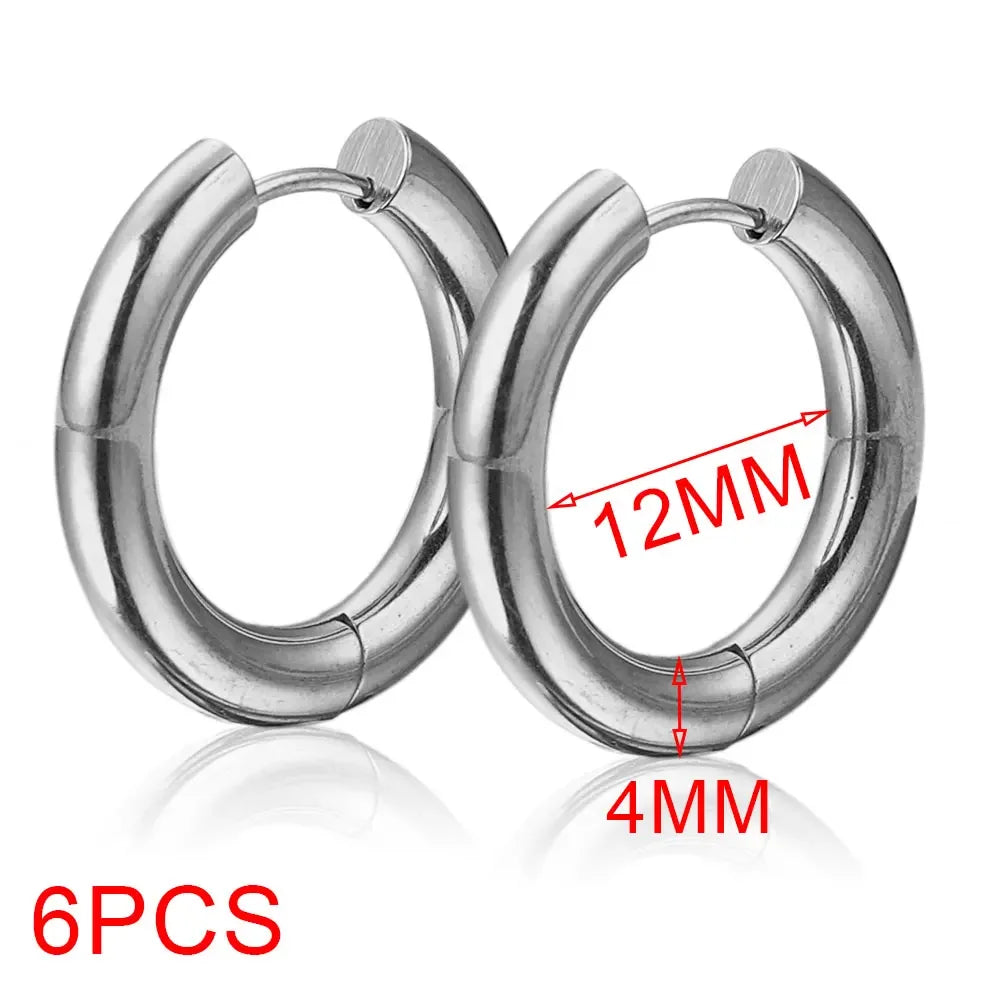 6pcs Stainless Steel 4mm Thick Earrings Gold Plated Large Round Korean Ear Rings Hoop lifestyle view