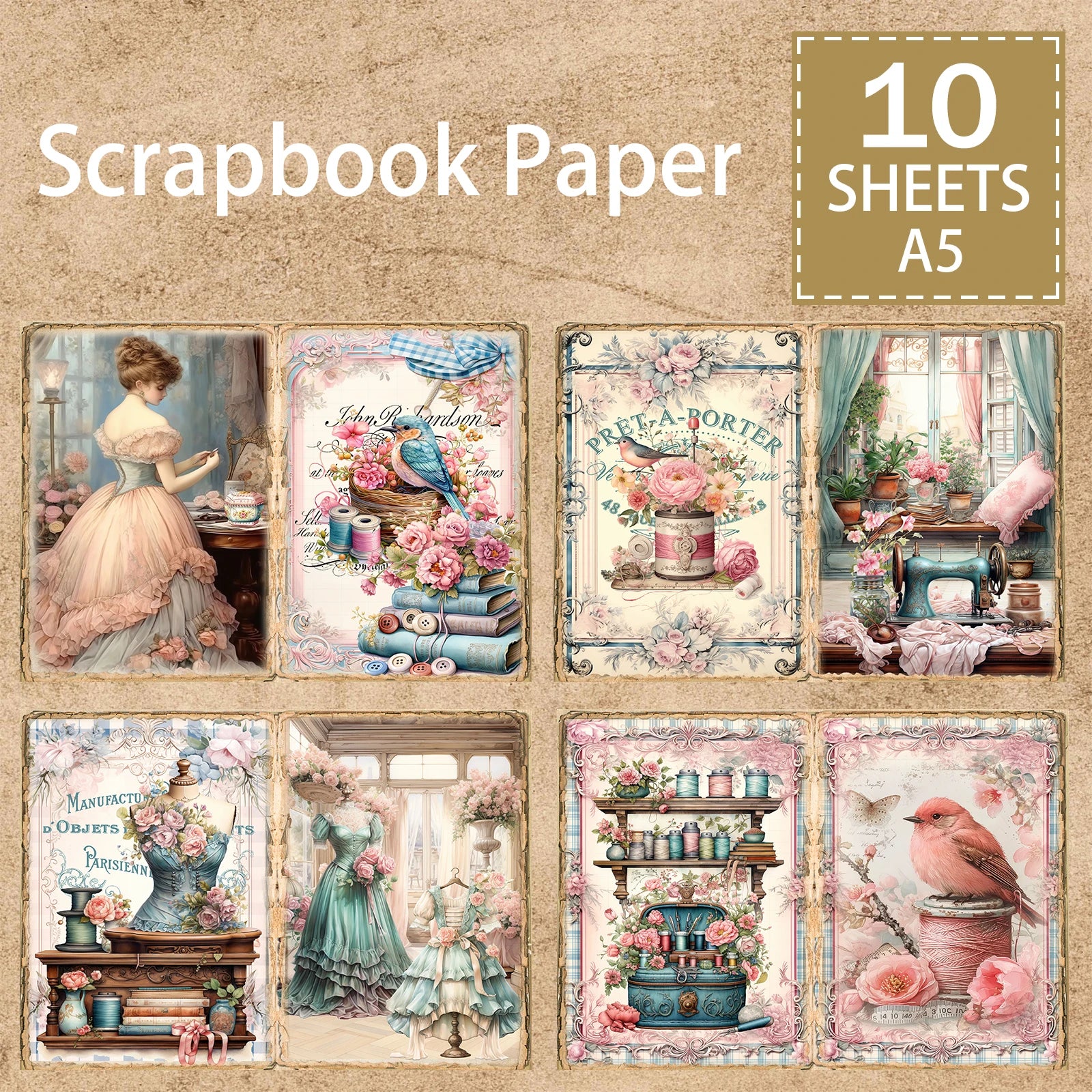10 Sheets A5 Vintage Sewing Machine Background Paper | Scrapbooking & Journaling Craft Paper Pack